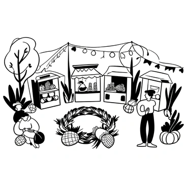 A festive harvest celebration with colorful decorations and food stalls