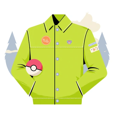 A casual jacket with a rugged texture and visible stitching is shown, in a vibrant green color. The pocket of the jacket is slightly open, revealing a "Poké Ball" peeking out. The jacket is adorned with a few patches and badges that indicate outdoor adventure themes. In the background, there are hints of trees and a soft, blurred landscape suggesting an outdoor setting. The lighting highlights the pocket and the "Poké Ball," emphasizing its presence amidst the adventure gear.