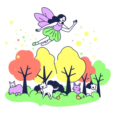 A fairy with delicate wings crafted from autumn leaves is flying above a forest. The fairy has flowing hair that blends with the hues of the leaves. Below, the forest is filled with trees adorned in yellow, orange, and red foliage. Sunlight filters through the leaves, casting intricate shadows on the forest floor. The fairy's expression is joyful as she glides gracefully, leaving a trail of shimmering particles behind her. Various woodland creatures peek out from behind the trees, observing the fairy in flight.