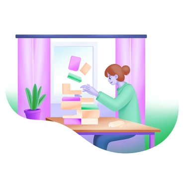 A modern pastel illustration depicting "a person building a tower of cards" on a wooden table. The individual has "short brown hair" and is focused intently on balancing each card. A gentle breeze is represented by visible movement in "the curtains" hanging nearby. Some cards are beginning to sway, indicating the impact of the breeze. The setting also includes a small "potted plant" on the table, adding a touch of greenery to the scene. The background features soft colors to enhance the tranquil atmosphere.