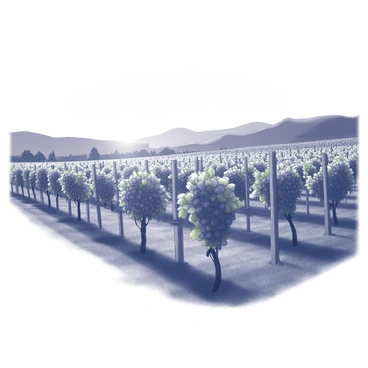 A sprawling vineyard with rows of grapevines stretching towards the horizon. The vines are laden with bunches of grapes, interspersed with lush green leaves. The landscape is dotted with wooden trellises supporting the grapevines. In the background, a soft outline of distant hills can be seen. The sky is filled with the last light of sunset, casting long shadows across the vineyard and creating a contrast against the darkening landscape.