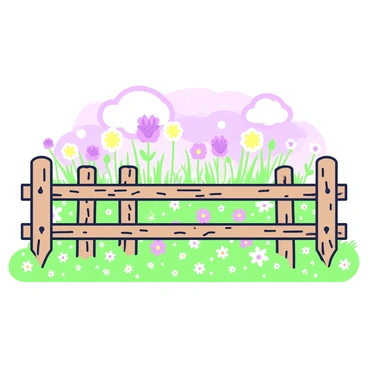A rustic wooden fence runs along the perimeter of a field filled with blooming wildflowers. The fence is weathered and has a natural texture, with visible knots and rough edges. The wildflowers are vibrant and varied, creating a colorful carpet of petals stretching across the field. Some flowers are tall and sway gently in the breeze, while others are shorter and clustered together. In the background, a clear sky can be seen above the flowers and fence, and a few fluffy clouds drift lazily. The scene conveys a sense of tranquility and natural beauty.