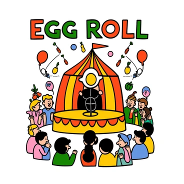 A vintage-style poster featuring a circus scene with "Egg Roll" prominently displayed in bold, colorful letters at the top. In the center, a lively circus ring showcases fried eggs performing tricks. One fried egg is balancing on a unicycle, while another is juggling colorful vegetables like bell peppers and carrots. There is a cheerful crowd of cartoon characters including children and adults watching in amazement. Bright banners and balloons add to the festive atmosphere, with a striped circus tent in the background. The overall color scheme is vibrant with yellows, reds, and greens, creating an inviting and exciting circus vibe.