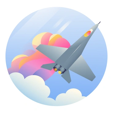 A sleek gray fighter jet is soaring through a clear blue sky. The jet has a streamlined design with sharp angles and distinctive wings. Behind the jet, a vibrant sonic boom cloud is expanding, featuring swirls of orange, pink, and purple against the blue backdrop. The sunlight catches the edges of the cloud, creating a shimmering effect. Below, a few fluffy white clouds float in the distance, adding depth to the scene. The overall composition emphasizes the dynamic movement of the jet as it cuts through the air.