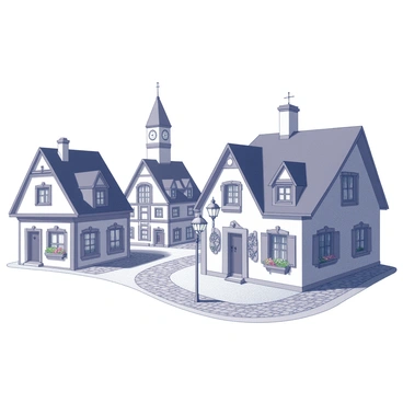 A quaint village featuring winding cobblestone streets. The houses have charming architectural designs, each with steep, gabled roofs and intricate details. The buildings vary in size but all share a storybook aesthetic with decorative shutters and flower boxes beneath the windows. Street lamps line the paths, creating a cozy ambiance throughout the village. In the distance, a small clock tower rises above the rooftops, completing the picturesque scene.