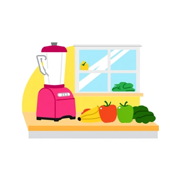 A vibrant blender in bright red color sits prominently on a sleek kitchen counter. The blender features a clear, tall glass pitcher with a sturdy base and control buttons on the front. Nearby, a variety of fresh fruits and vegetables are arranged. There are ripe bananas, bright green apples, and colorful bell peppers, along with leafy greens like spinach. The kitchen counter is light-colored and polished, reflecting the freshness of the produce. Natural light streams in from a nearby window, enhancing the vivid colors of the fruits and vegetables.
