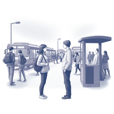 A busy city bus stop filled with people waiting and coming and going. Two strangers stand facing each other, their gazes locked in mutual eye contact. The first stranger is a woman with shoulder-length hair, wearing a light jacket, and holding a backpack. The second stranger is a man in a casual shirt, with a beanie on his head. Surrounding them are various people engaged in their own activities, and there are buses arriving and departing in the background, adding to the bustling atmosphere.