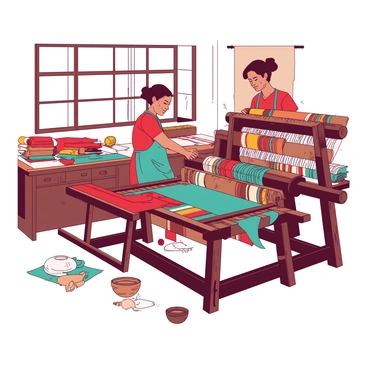 A duo of artisans, one wearing a teal apron and the other in a red shirt, are focused on their work at traditional wooden looms. Each loom is adorned with vibrant threads, showcasing a variety of patterns in contrasting colors. Sunlight filters through a nearby window, casting soft shadows on the floor. The workshop is filled with rolls of colorful textiles stacked neatly along the walls, and a few finished pieces are draped over a rustic table. The atmosphere reflects a dedication to craftsmanship and the art of weaving.