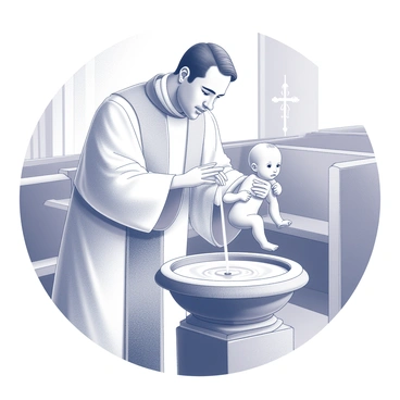 A priest pouring holy water over a baby's head during a baptism
