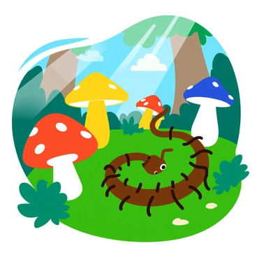 A brown centipede with numerous legs is weaving through tall, vibrant mushrooms in a magical forest. The mushrooms come in various shapes and colors, including bright red with white spots, deep blue, and sunny yellow. The centipede's segmented body twists gracefully as it moves among the mushrooms. The forest floor is covered with green moss and small, sparkling stones, while beams of light filter through the lush, leafy canopy above.