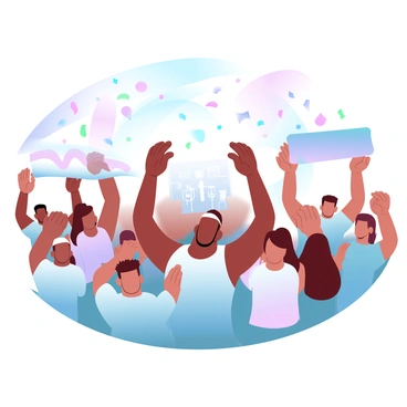 A diverse crowd of people is gathered at an outdoor concert, with individuals of various ages and backgrounds visible in the scene. Some people are standing with their arms raised high, expressing excitement, while others are clapping in rhythm. A person is holding a colorful banner that adds vibrancy to the scene. The backdrop features a stage with musical instruments and colorful lights, enhancing the lively atmosphere. Brightly colored confetti is falling from the sky, adding to the festive mood.
