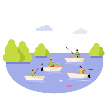 A calm lake with smooth, reflective water under a clear blue sky. Several small boats float gently on the lake, each occupied by fishermen casting their lines into the water. The fishermen are wearing colorful hats and casual clothing. Lush green trees line the shore, and a few fluffy clouds drift lazily in the sky. An assortment of fishing gear is visible in each boat, and a couple of fish can be seen splashing in the water nearby.