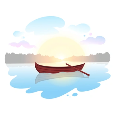 A small wooden boat is gently rowing on the Ganges River at sunrise. The sky is filled with soft pastel colors transitioning from deep blue to warm golden hues. The water below reflects a shimmering golden glow, cast by the rising sun. Silhouettes of distant trees line the riverbank, creating a tranquil atmosphere. Light wisps of mist hover above the water's surface, enhancing the serene environment.