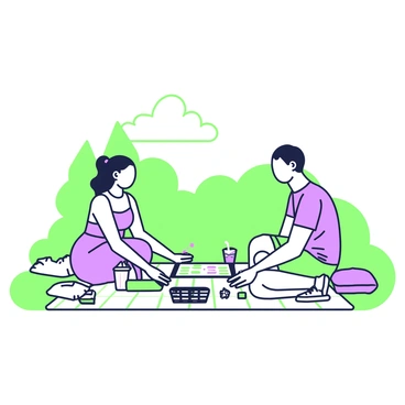 A couple is sitting on a picnic blanket spread out on the grass in a park. The woman has long hair tied back and is wearing a summer sundress, while the man has short hair and is dressed in a casual t-shirt and shorts. They are focused on a backgammon board placed between them, with dice and checkers in green and purple colors scattered across the board. Surrounding them are a picnic basket filled with snacks and a couple of drinks, along with a few colorful cushions for comfort. In the background, there are trees and a clear sky, enhancing the outdoor atmosphere.