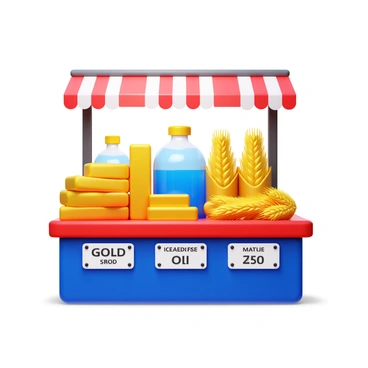 A 3D icon displaying an assortment of commodities including "shiny gold bars," "transparent oil barrels," and "golden wheat sheaves." The items are arranged on a market stall with "vibrant colors" to highlight their distinct characteristics. The background includes "numerous market signs" indicating prices and types of commodities for sale. Each item is clearly defined, showcasing details such as "gleaming surfaces" on the gold and "textured grains" in the wheat.