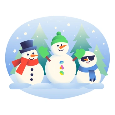 Three snowmen are standing in a snowy landscape under a bright blue sky. The first snowman on the left has a red scarf wrapped around its neck and a black top hat perched on its head. Its eyes are made of coal, and it has a carrot nose. The second snowman in the center is wearing a green beanie and a matching mittens, with buttons made of colorful stones. Its smile is formed by a row of small pebbles. The third snowman on the right is decorated with a blue scarf and sunglasses, giving it a playful appearance. In the background, there are tall pine trees dusted with snow, and a gentle snowfall is occurring, adding to the winter scene.