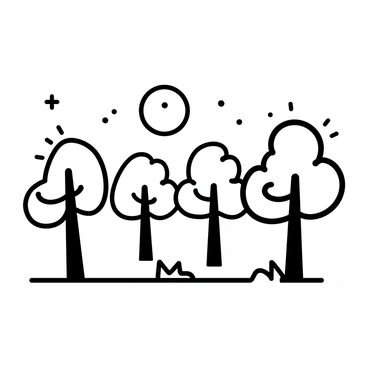 A minimalistic drawing of a forest at night. The scene features tall trees with slender trunks and sparse branches. The moonlight creates long shadows on the ground. The sky is clear, showing a bright full moon surrounded by a few stars. The forest floor is simple, with a hint of underbrush visible under the moonlight.