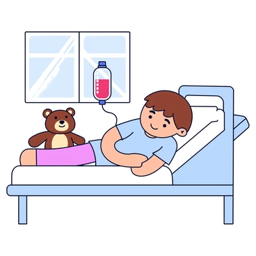 A young child lies in a hospital bed, receiving a blood transfusion. The child has short brown hair and is wearing a light blue hospital gown. Beside the child, there is a teddy bear with a brown and cream pattern, held tightly in their arms for comfort. An IV bag hangs next to the bed, connected to the child's arm with a clear tube. The room is bright and clean, with a small window allowing soft light to filter in.