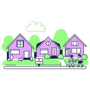 A neighborhood scene features a row of houses, each with unique architectural designs. In front of each house, there is a small sign reading "Insured" placed prominently on the lawn. The lawns are well-maintained, with patches of green grass and a few ornamental shrubs. A sidewalk runs alongside the houses, where a couple of children can be seen playing with a ball. In the background, trees provide a sense of depth to the scene, their leaves gently swaying. The sky above is clear, adding brightness to the neighborhood atmosphere.