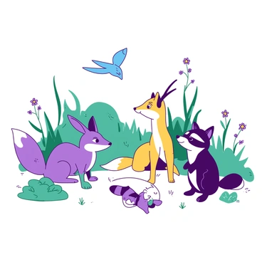 A duotone scene features a group of animals gathered in a clearing. A teal rabbit with wide eyes is animatedly chatting with a white fox that has a curious tilt of its head. Nearby, a yellow deer stands with a friendly smile, listening intently. A purple raccoon, wearing an expression of mischief, leans forward as if sharing a secret. Above them, a blue bird flutters, adding to the lively atmosphere with its cheerful chirping. The clearing is surrounded by tall green grass and a few scattered wildflowers, creating a vibrant setting for their conversation.