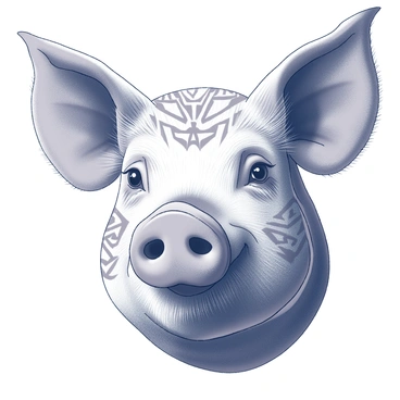 A close-up of a pig's face, clearly defined with prominent features such as a rounded snout and large, expressive eyes. The facial structure displays a mix of textures, including smooth skin with areas of visible wrinkles. The ears are perked up and slightly floppy, framing the face. Intricate patterns and designs cover the surface of the face, incorporating geometric shapes and lines that create a dynamic visual interest. The background is simple to emphasize the pig's face and the complexity of the patterns.