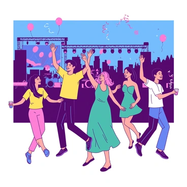 A vibrant scene depicts a group of friends dancing joyfully at a lively outdoor concert. The friends are wearing colorful clothing, with one wearing a bright yellow t-shirt and another in a teal sundress. The background features a large stage adorned with lights, where a band is performing. The sky is a deep blue, contrasting with the bright colors of the crowd. Some friends are holding drinks while others are raising their arms in the air, fully immersed in the energy of the performance. A few balloons and streamers are seen floating above the audience, adding to the festive atmosphere.