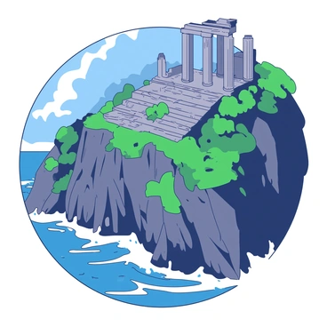 Ancient ruins made of weathered stone are perched precariously on the edge of a steep cliff. The remnants of tall, crumbling columns rise dramatically against the sky. Lush green vegetation grows around the ruins, contrasting with the rugged, gray rock of the cliff. Below, the ocean crashes against the base of the cliff, sending up sprays of white foam. The sky is filled with dark, ominous clouds, hinting at an approaching storm.