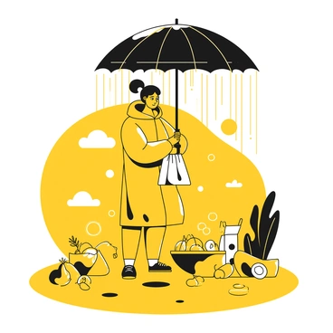 A person wearing a yellow raincoat stands under a black umbrella, carefully bagging groceries. The rain falls heavily around them, creating splashes on the ground. The person is focused, ensuring each item is secured in a bag. Various grocery items, including fruits and vegetables, are visible on the ground nearby. The scene depicts puddles forming on the pavement, while the sky above is filled with dark clouds.