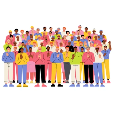 A large crowd of diverse individuals is standing together, clapping their hands in unison. The crowd has varying expressions of joy and excitement. The hands of the audience form a series of ripple-like movements, creating a visual effect that suggests a wave of applause traveling across the crowd. Each section of the crowd is depicted with distinct clothing and hairstyles, adding to the vibrant atmosphere of the scene. Some individuals are smiling widely, while others are cheering loudly, enhancing the dynamic nature of the moment.