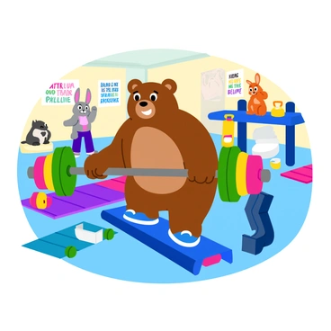 A bear with thick brown fur is lifting a colorful barbell in a whimsical animal gym. The bench press is made of bright blue material, and the weights on the barbell are oversized and painted in various vibrant colors. Surrounding the bear are other animated animals, like a rabbit and a squirrel, cheering and encouraging its workout. The gym features cheerful posters on the walls, displaying motivational phrases. There are fun exercise equipment scattered around, including oversized dumbbells and yoga mats in playful patterns. The atmosphere is lively and energetic, full of color and character.
