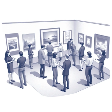 A spacious gallery filled with various artworks displayed on the walls, showcasing the talents of local artists. In the center of the room, a diverse group of attendees is mingling, engaging in conversations about the pieces on display. Some attendees are examining paintings closely, while others are gesturing enthusiastically as they discuss techniques and inspirations. A few individuals are holding brochures or catalogues, highlighting the artworks for sale. The atmosphere is lively, with a mix of curiosity and appreciation among the visitors.