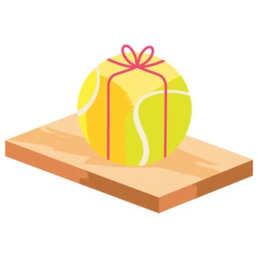 A gift-wrapped tennis ball with bright yellow wrapping paper, featuring a small red bow on top. The tennis ball is placed neatly on a wooden table with a smooth surface. The table is surrounded by a softly colored backdrop, enhancing the focus on the vibrant tennis ball and its decorative bow.