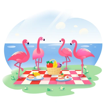 A group of four flamingos with vibrant pink feathers is gathered by a sparkling blue lake, enjoying a picnic. Two of the flamingos are standing on one leg, while the other two are sitting on a large, checkered picnic blanket spread on the grass. There are two wicker baskets filled with an assortment of colorful fruits, including bright red apples, yellow bananas, and green grapes, placed beside the blanket. Next to the baskets, there are several neatly arranged sandwiches, with fresh lettuce and tomato peeking out from between the slices of bread. The atmosphere is lively, with the gentle ripples of the lake reflecting the clear blue sky and fluffy white clouds. A few daisies and other wildflowers are scattered throughout the grassy area.