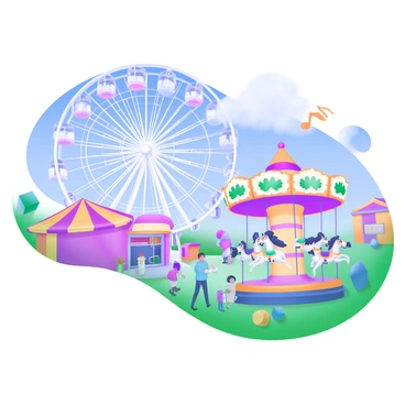 A vibrant fairground scene featuring a large, rotating "Ferris wheel" adorned with bright lights and colorful gondolas. Nearby, a beautifully decorated "carousel" spins, with intricately painted horses and cheerful music notes floating in the air. Scattered throughout the scene are "happy visitors," including families and children, laughing and enjoying the attractions. In the background, there are colorful tents and food stalls, adding to the festive atmosphere. The sky above is a clear blue, enhancing the lively colors of the fairground.