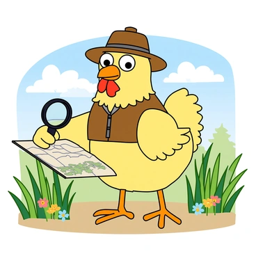 A chicken dressed as an explorer taking part in a safari adventure