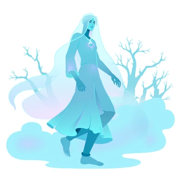 A lost spirit with an ethereal glow, featuring flowing translucent robes that shift with the breeze. It is surrounded by a dense fog that swirls around its feet, partially obscuring the ground beneath. The spirit has a sorrowful expression, with deep-set eyes conveying a sense of longing. In the distance, faint silhouettes of twisted trees emerge from the mist, their branches reaching out like ghostly fingers. The landscape is shrouded in an otherworldly atmosphere, enhancing the spirit's quest for "redemption" as it moves forward through the hazy environment.