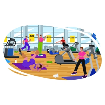 A spacious gym filled with various exercise equipment. "Welcome Back Fitness Fans" posters are prominently displayed on the walls in bright colors. Several individuals are engaged in different workouts; one person is lifting weights, another is running on a treadmill, and a third is doing yoga on a mat. The floor is covered in shiny wood, and large windows allow natural light to fill the space. There are water bottles and towels scattered around, adding to the lively atmosphere.