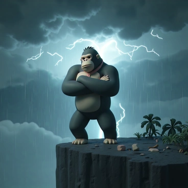 A large gorilla, resembling Donkey Kong, is standing firmly on a rocky cliff in the midst of a powerful tropical storm. Dark, ominous clouds swirl overhead, illuminated by flashes of bright lightning. Heavy rain cascades down, creating a misty atmosphere around the gorilla. Donkey Kong has a determined expression, with his muscular arms crossed and his signature red tie blowing in the wind. Debris is scattered around, including fallen palm leaves and rocks, as the storm rages on in the background.