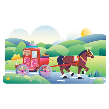 A horse-drawn carriage with intricate designs in rich colors is moving along a scenic countryside road. The carriage features ornate carvings and decorative details on its wooden frame. A strong brown horse, adorned with a colorful harness, pulls the carriage forward. Lush green fields line the sides of the road, dotted with vibrant wildflowers in shades of yellow and purple. In the background, rolling hills rise gently, partially covered with patches of trees and a clear blue sky overhead. The sun casts a warm light over the scene, enhancing the colors of the landscape.