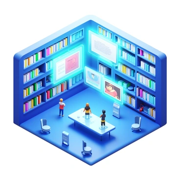 A futuristic library featuring sleek, glass-like architecture. Within the library, holographic screens are suspended in mid-air, displaying vibrant illustrations and free resource materials. The screens emit a soft glow, illuminating the surrounding area. High-tech furniture, such as transparent tables and chairs, complements the modern design. Shelves filled with digital books are integrated into the walls, showcasing a blend of physical and digital media. Visitors are seen interacting with the holographic displays, engaging with the resources.