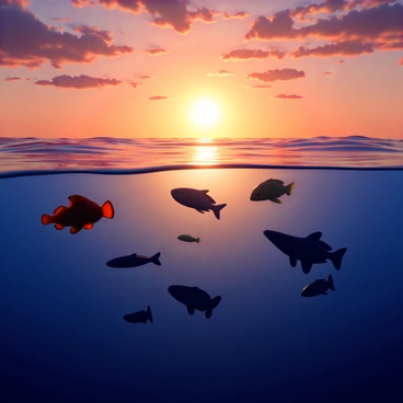 Silhouettes of various fish, such as a clownfish, angelfish, and a school of small minnows, swimming gracefully in the sea. The fish are depicted in a dynamic formation, showcasing their unique shapes. The backdrop features a vibrant sunset with hues of orange, pink, and purple blending together in the sky. The reflection of the sunset colors creates a shimmering effect on the surface of the water, enhancing the underwater scene. The lighting highlights the contours of the fish, accentuating their silhouettes against the bright sky.