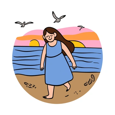 A woman with light skin and long flowing brown hair is taking a leisurely stroll along the beach at sunset. She is wearing a light blue sundress that gently sways with the breeze. The sky is filled with shades of orange, pink, and purple as the sun sets on the horizon. The waves are softly lapping at the shore, creating small foamy patterns in the sand. Seagulls are flying overhead, and there are footprints trailing behind her in the wet sand. She has a peaceful expression on her face as she enjoys the beauty of the moment.