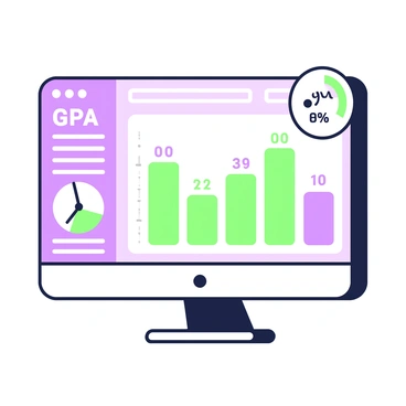 A close-up of a computer screen showing a student's GPA on a digital dashboard. The screen displays a rectangular graph with bars representing different subjects, each bar labeled with its corresponding grade. Next to the graph, there is a circular gauge indicating the overall GPA percentage. The background of the dashboard features sections for upcoming assignments and notifications. The interface has buttons and icons for user interaction, all clearly visible and organized.