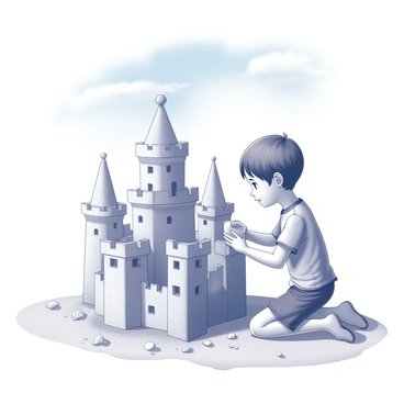 A child is kneeling on a sandy beach, focused on constructing an elaborate sandcastle. The sandcastle features several tall towers with intricate details and a surrounding moat filled with water. The child has a small bucket in one hand and is shaping a tower with the other. In the background, a bright blue sky is visible, with a few wispy clouds floating gently overhead. The beach setting includes scattered seashells and small pebbles nearby.