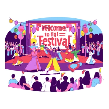 A vibrant scene depicts a festival stage filled with performers from various cultures. Dancers in colorful costumes represent different traditions, showcasing their unique styles. The stage is adorned with bright decorations, including banners and lanterns in multiple hues. In the background, a crowd of spectators watches with enthusiasm, some holding small flags representing their heritage. Colorful spotlights illuminate the performers, adding to the festive atmosphere as they dance energetically. "Welcome to the Festival" is displayed in bold letters above the stage, celebrating the spirit of unity through cultural expression.