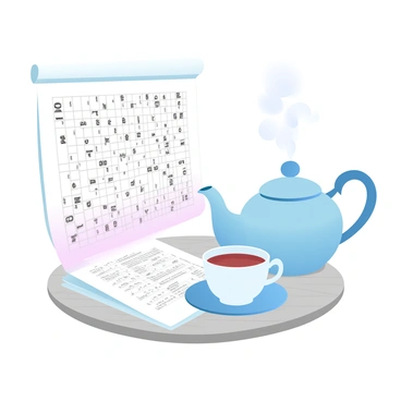 A crossword puzzle is laid out on a small breakfast table, its squares filled with black and white letters. Beside the puzzle, there is an elegant teapot with a curved spout and a matching cup resting on a saucer. The cup is filled with steaming tea, and delicate steam wafts upward. The table surface is made of light wood, adding a warm tone to the scene. Soft sunlight filters in, casting gentle shadows from the teapot and cup onto the crossword puzzle.