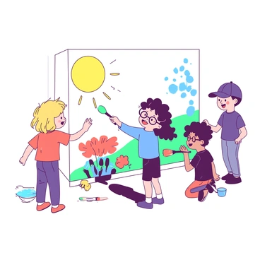 A group of children, four in total, are actively painting a large mural on a white wall. One child, with blonde hair, is using a broad brush to create a large sun in the top left corner, painted in a vibrant yellow. Another child, with curly brown hair, is adding colorful flowers at the bottom of the mural with a teal paint. A third child, wearing glasses, is carefully outlining playful animals in orange, while the fourth child, with a baseball cap, is splattering blue paint across the mural to represent a sky. They are all smiling and laughing, fully immersed in their creative process.