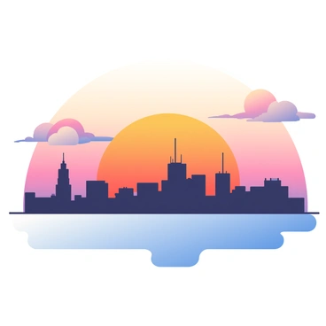 A sunset scene is depicted with layers of vibrant colors in the sky, transitioning from deep orange at the horizon to soft purple higher up. The sun is partially hidden behind a silhouette of a city skyline, featuring various building shapes with antennas and rooftops. Wispy clouds in the sky are tinted with shades of pink, reflecting the setting sun's glow. Below, a calm body of water mirrors the colors of the sky, creating a serene effect.