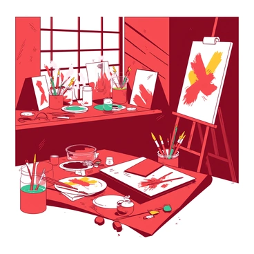 A red artist's workshop is filled with various tubes of paint scattered across a wooden table. There are several canvases leaning against the walls, some showcasing vibrant brush strokes while others remain blank and untouched. In the corner, there is an easel with an unfinished artwork, displaying a mix of colors in bold splashes. Paintbrushes are scattered around, some resting in jars filled with teal water. The atmosphere is lively with artistic potential, as the sunlight streams through a window, illuminating the vibrant colors throughout the room.