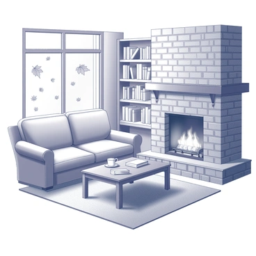 A living room with a large, comfortable sofa positioned in front of a crackling fireplace. The fireplace has a classic brick design, and the flames are visible, creating a warm ambiance. There is a wooden coffee table in front of the sofa, adorned with a few books and a steaming cup. A large window offers a view of outside, where several autumn leaves are falling from the trees. The walls are lined with bookshelves filled with various books, and a soft area rug is placed on the floor beneath the coffee table.